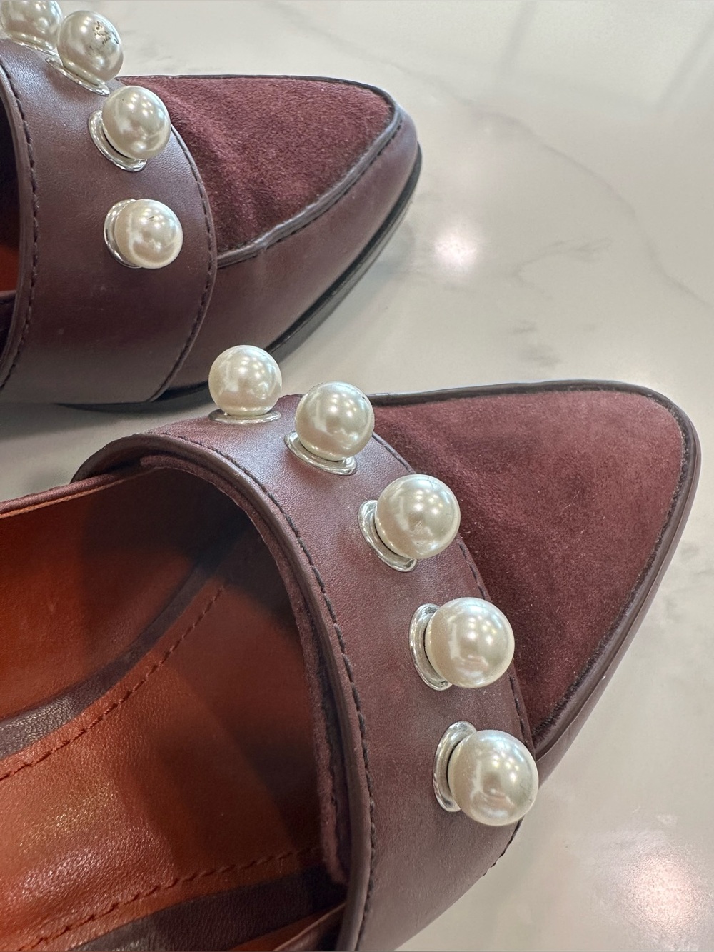 3.1 PHILLIP LIM WINN LOAFERS MALBEC MAROON LEATHER & PEARL ACCENTS W/SUEDE TOP 9 - Picture 9 of 16